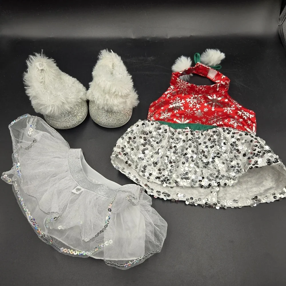 Build A Bear Red Christmas Snowflake Dress Petticoat & Fur Boots BAB Glitter Seq
